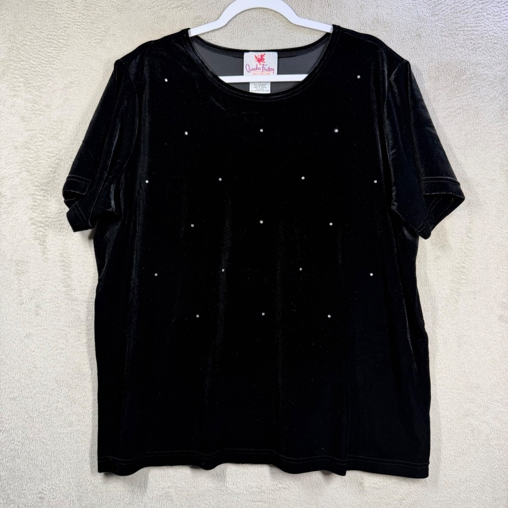 Quacker Factory Velvet Top Women 1X Black Rhinestone Sparkle Short Sleeve Tee
